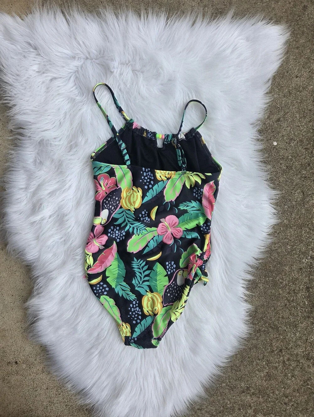 Old Navy - Kids Bead-Cutout One-Piece Swimsuit - Black with Neon Prints - Size
